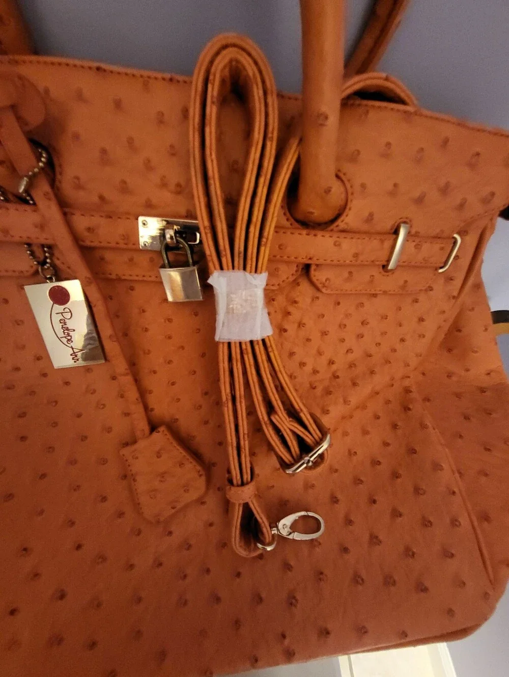 NWOT Penelope Ann 14.5x12x6  Orange Ostrich-Texture Top-Handle Tote Bag - Picture 2 of 14